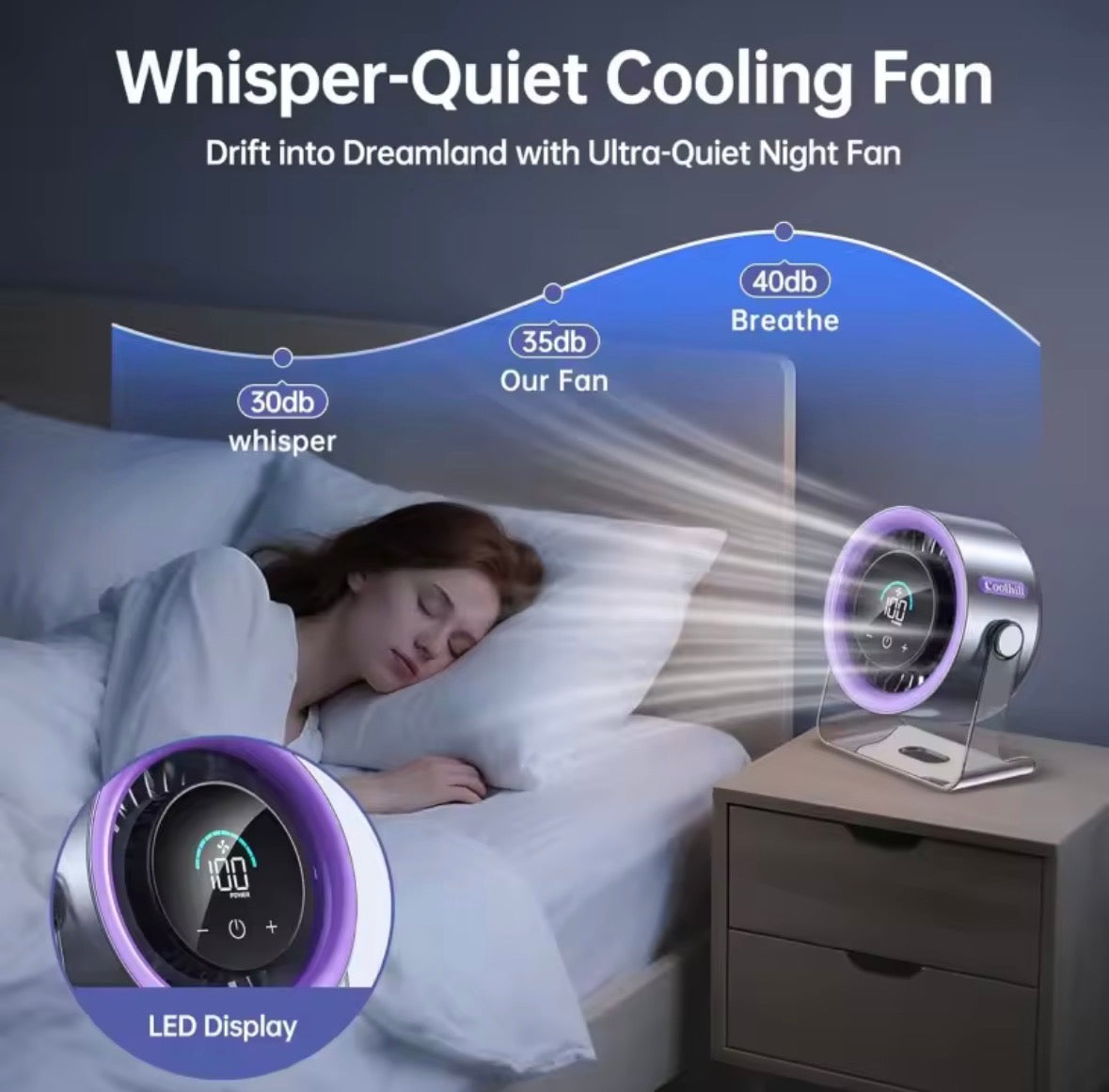 Whisper-quiet FrostNova fan on a nightstand